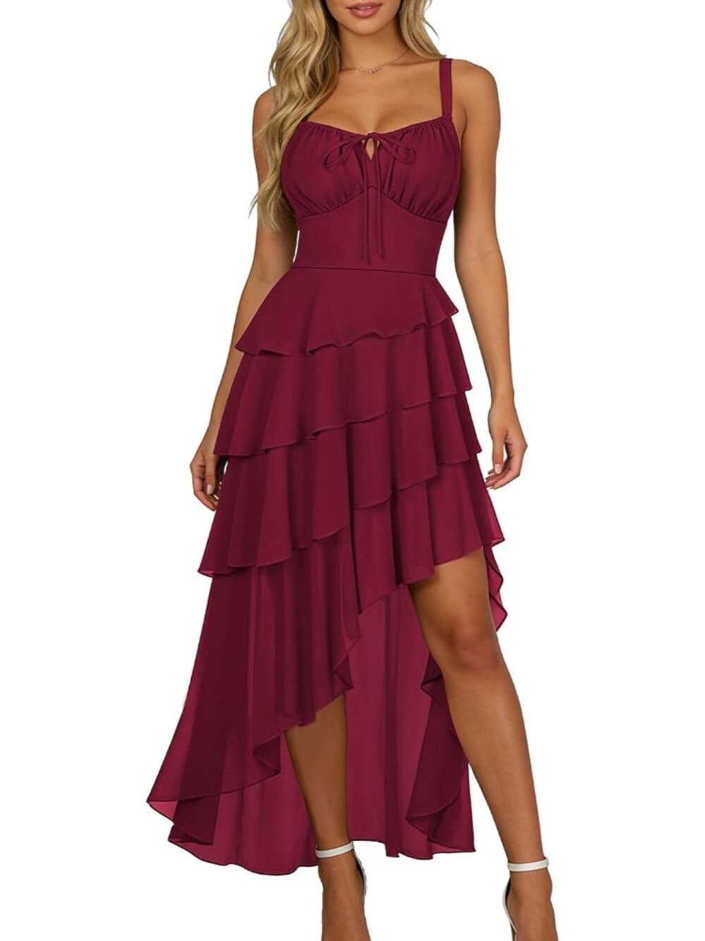 Women's Wine Hi Low Layer Ruffle Tie Ruched Chiffon Cocktail Maxi Dress